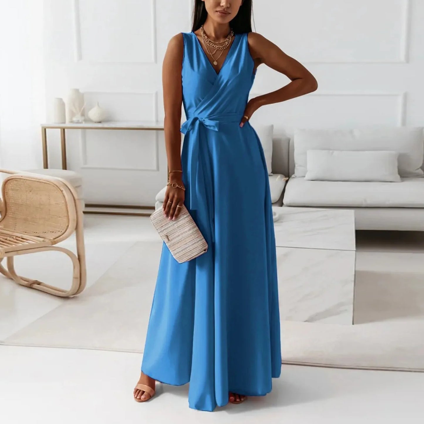 dresses for women elegant party dresses V-neck Sleeveless Belt Evening Dresses  Solid Color Solid Color dress vestidos femenino