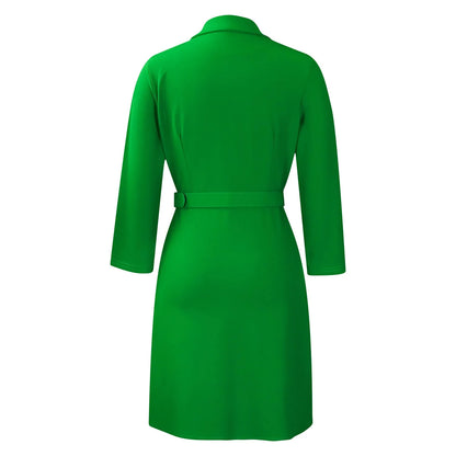 Women’s Elegant Notched Collar Dress, Long Sleeve Pleated Mid-Calf Dress with Waist Sash