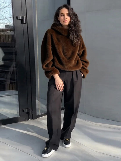Fashion Furry Hooded Faux Fur Coats Women's Loose Long Sleeve Brown Warm Pullovers 2025 Autumn Winter Lady Casual Outwear
