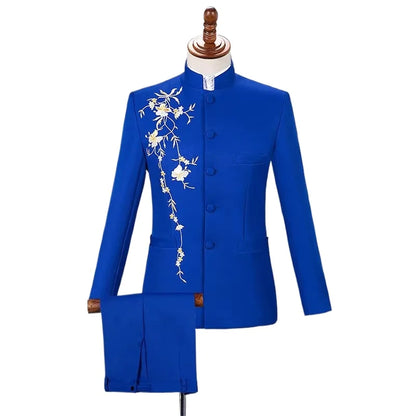 2025 New Men's Chinese Style Applique Suits Slim Fit Flower Set Male Wedding Prom Party Dress Blazers Jacket and Pants