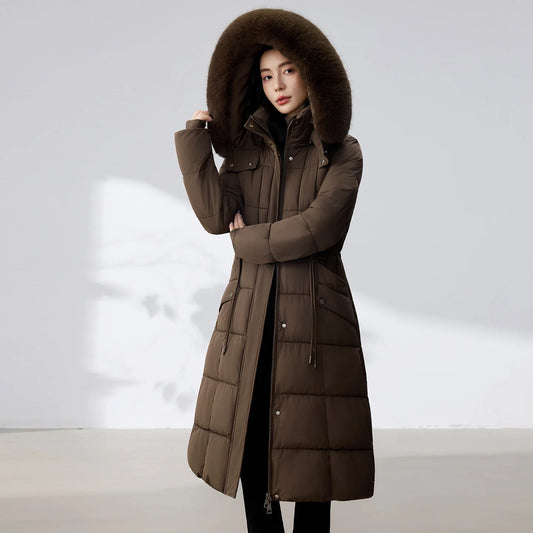 Over-the-Knee Loose Thickened Hooded FUR Jacket Ladies' Fashion Coat Autumn Winter Casual Warm Long Large Fur Collar Cotton Coat