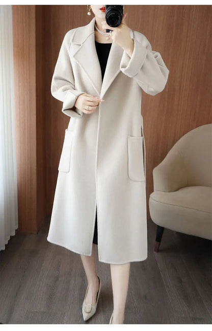 2024 Women's Wear 100% Wool Coat Autumn/Winter Fashion Temperament Double sided Cashmere Coats with Belt Elegant Long Overcoat