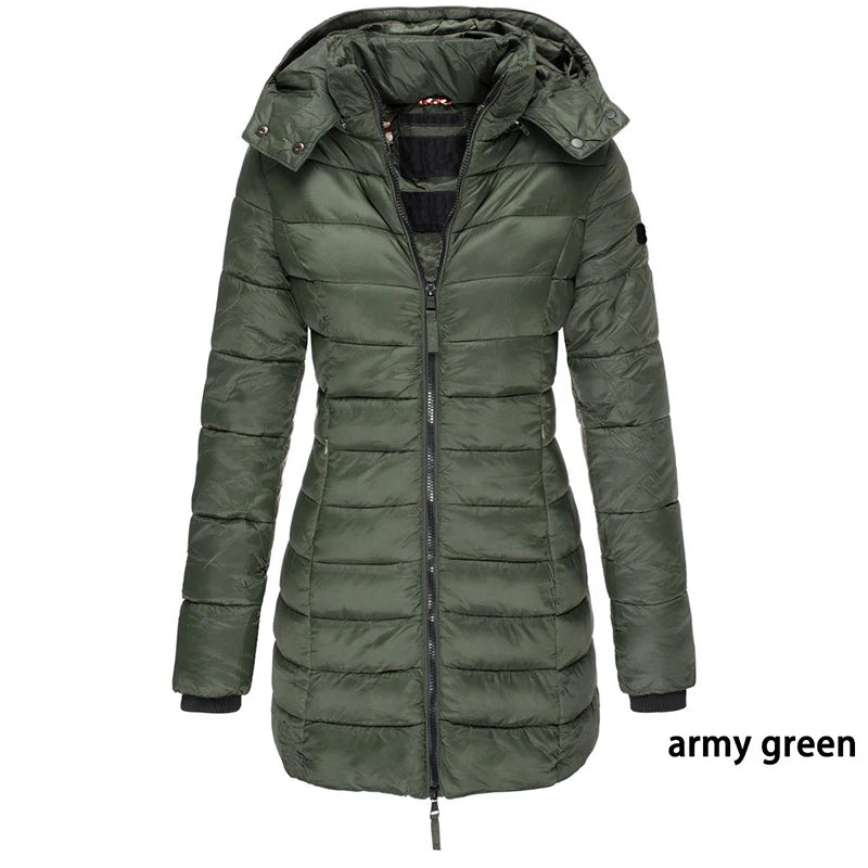 Women Casual Hooded Warm Coat Winter Fashion Soild High Neck Straight Slim Thick Jacket Ladies Elegant Zipper Pocket Overcoats