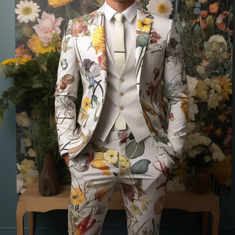 Men's Casual Suits Coat Trousers Digital Printing Exquisite Rose Flower Suit Cosplay Party Stage Nightclub Performance Costume