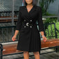 Women’s Elegant Notched Collar Dress, Long Sleeve Pleated Mid-Calf Dress with Waist Sash