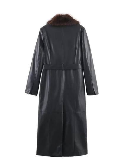 HH Women's Fashion Coats Black Fur Turn-Down Collar Long Sleeves Lace-Up Decoration Single Breasted Female Winter Warm Jackets