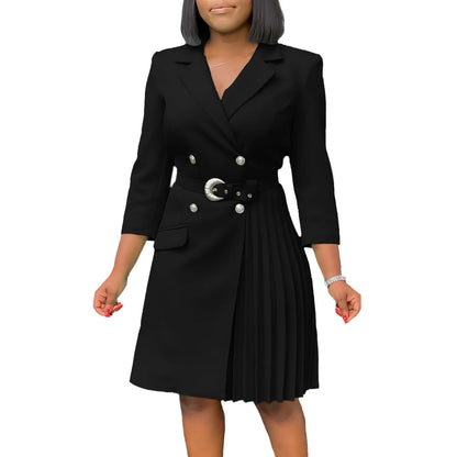 Women’s Elegant Notched Collar Dress, Long Sleeve Pleated Mid-Calf Dress with Waist Sash