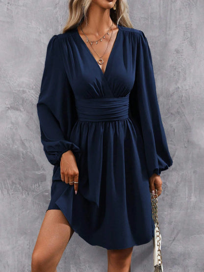 Dresses 2025 Woman Clothing V Neck Lantern Sleeve Wrap Mini Dress Ruched Waist Flowy Hem Elegant for Autumn and Party Styles ﻿