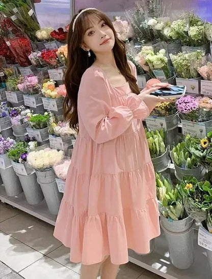 Women’s Pink Long Sleeve A-Line Dress – Elastic Waist, Casual, Party & Beach Style