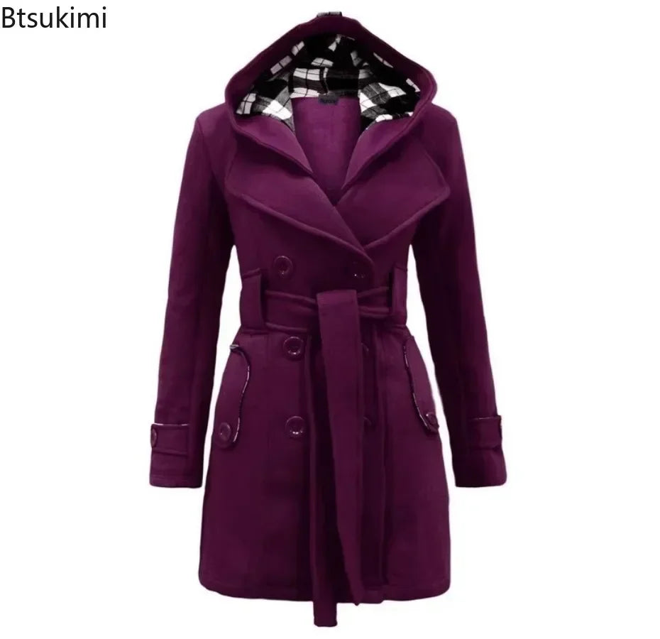 2025 Autumn Women's Hooded Overcoat Trend Double-Breasted Design Belt Side Pockets Plaid Splice Woolen Coats Winter Jacket Femme