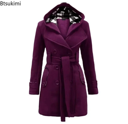 2025 Autumn Women's Hooded Overcoat Trend Double-Breasted Design Belt Side Pockets Plaid Splice Woolen Coats Winter Jacket Femme