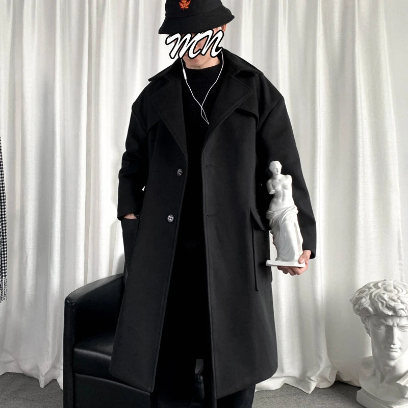 Mens Hooded Long Woolen Coats Oversized Solid Color Winter Windbreaker Korean Style Casual Outwear