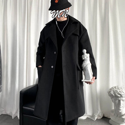 Mens Hooded Long Woolen Coats Oversized Solid Color Winter Windbreaker Korean Style Casual Outwear