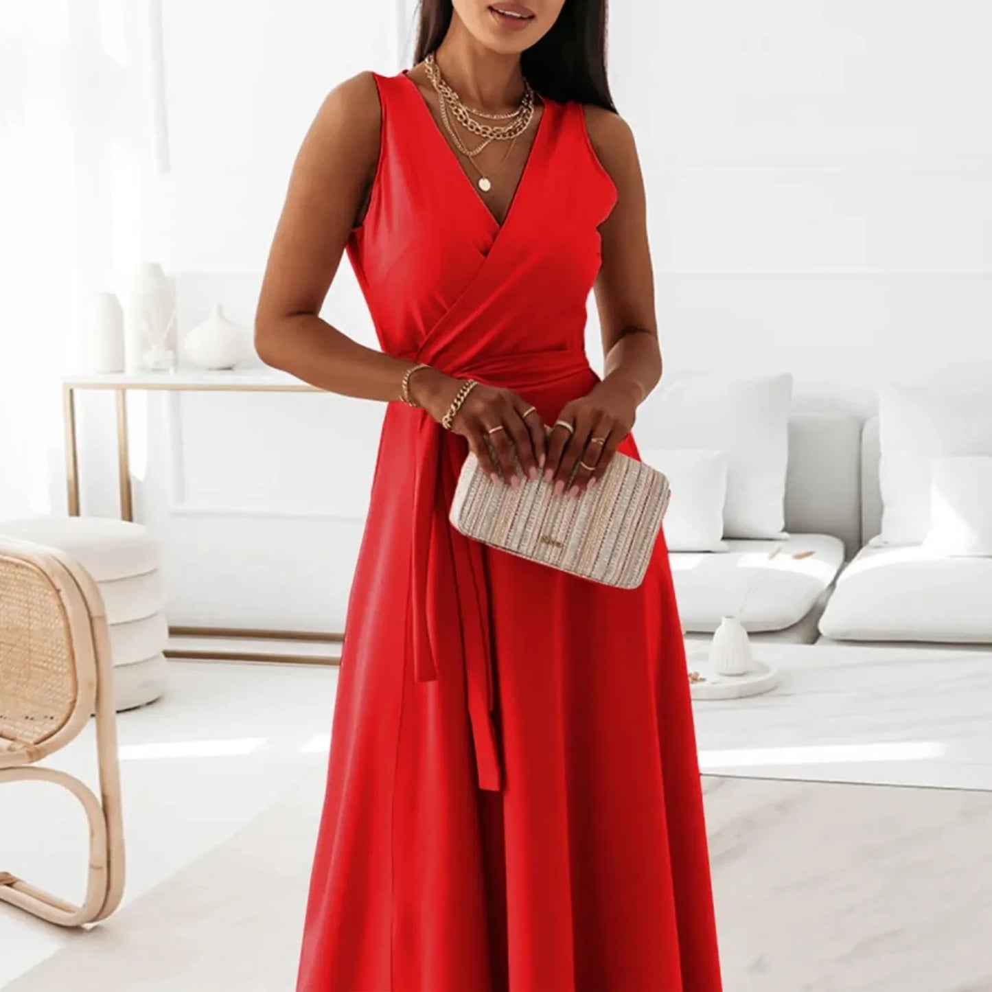 dresses for women elegant party dresses V-neck Sleeveless Belt Evening Dresses  Solid Color Solid Color dress vestidos femenino
