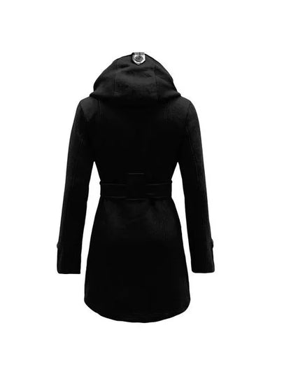 2025 Autumn Women's Hooded Overcoat Trend Double-Breasted Design Belt Side Pockets Plaid Splice Woolen Coats Winter Jacket Femme