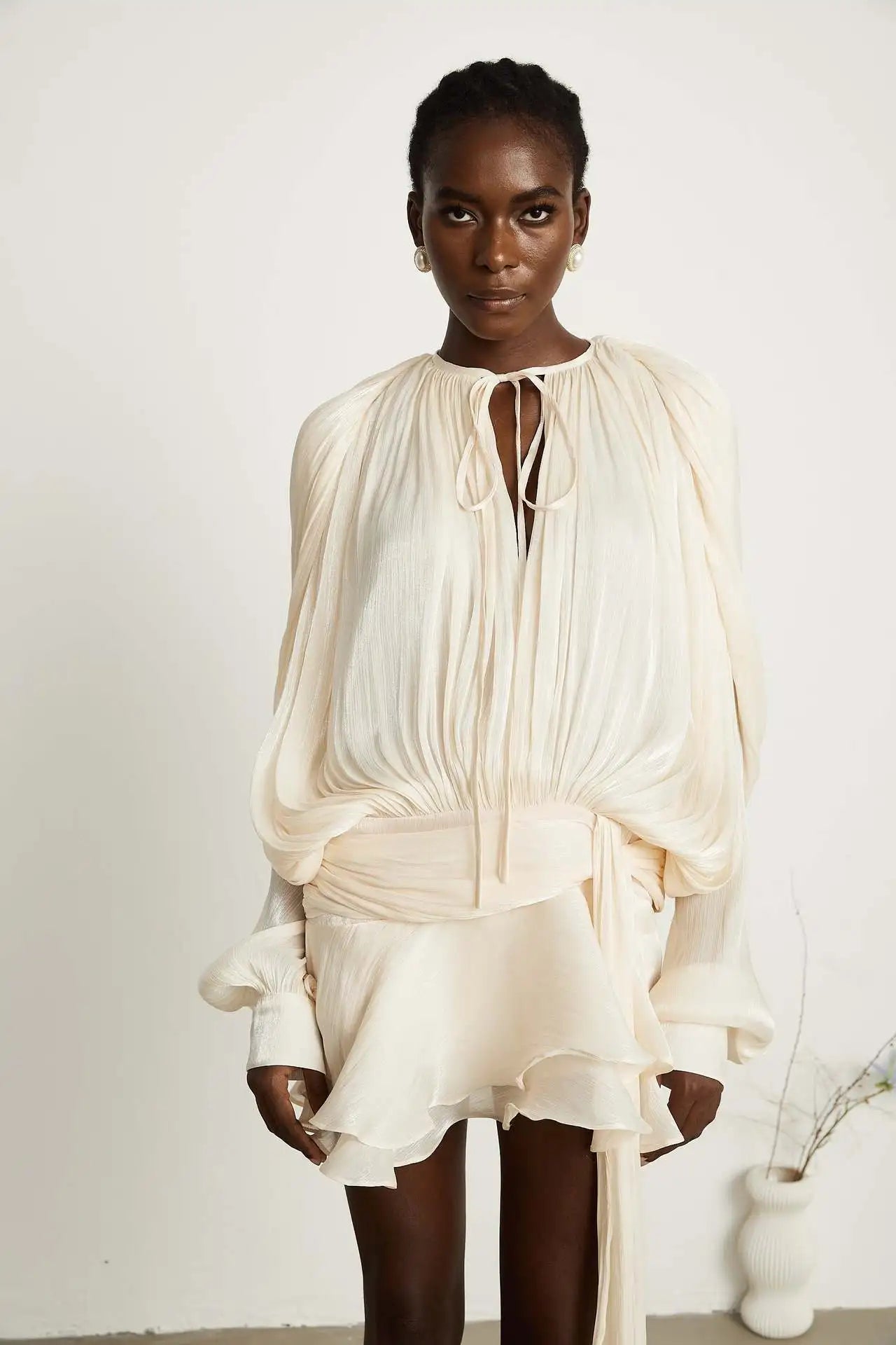 Dresses For Woman French Vestidos Elegant Puff Sleeve Dress Fashionable Loose Lace-up Solid Color Leace-up Simple Style Trendy