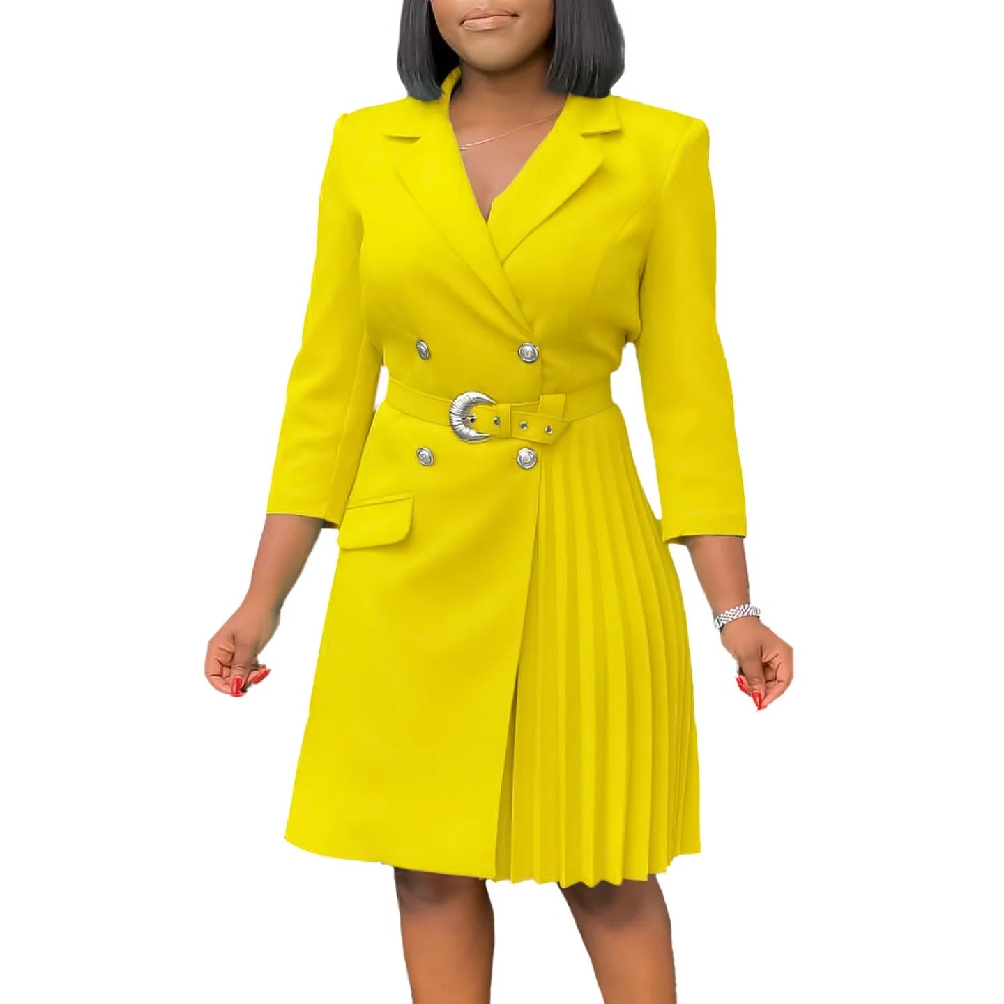 Women’s Elegant Notched Collar Dress, Long Sleeve Pleated Mid-Calf Dress with Waist Sash