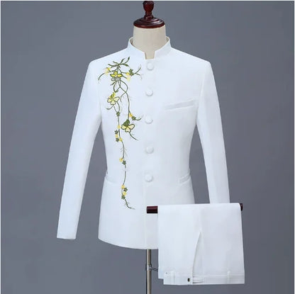 2025 New Men's Chinese Style Applique Suits Slim Fit Flower Set Male Wedding Prom Party Dress Blazers Jacket and Pants