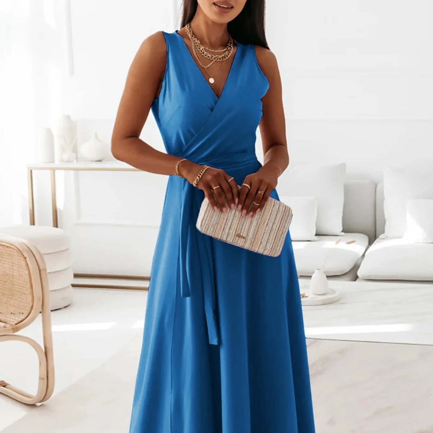 dresses for women elegant party dresses V-neck Sleeveless Belt Evening Dresses  Solid Color Solid Color dress vestidos femenino