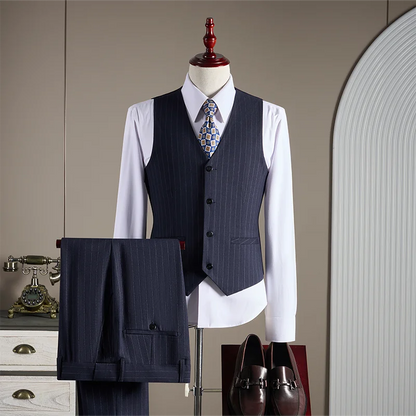 High-quality, fashionable and stylish British-style banquet striped suit set, men's three-piece business casual suit