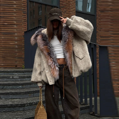 Oversized Winter Women's Coat Wide Faux Fur Collar Hooded Jackets Loose Single Breasted Outwears 2025 New Trendy Warm Lady Coats