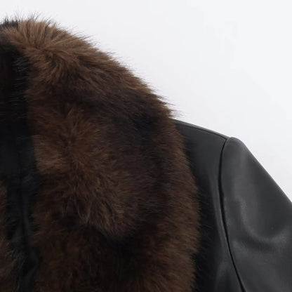 HH Women's Fashion Coats Black Fur Turn-Down Collar Long Sleeves Lace-Up Decoration Single Breasted Female Winter Warm Jackets