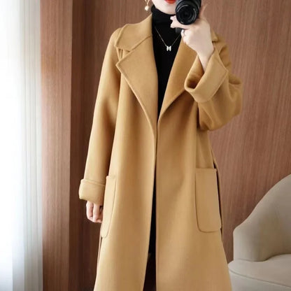 2024 Women's Wear 100% Wool Coat Autumn/Winter Fashion Temperament Double sided Cashmere Coats with Belt Elegant Long Overcoat