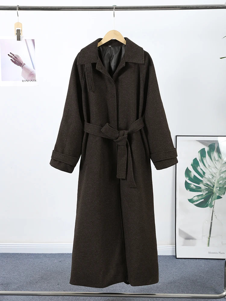 Elegant Woolen Women's Long Coat Long Sleeve Turn-down Single Breasted Female Overcoat 2025 Autumn Winter Chic Casual Lady Coats
