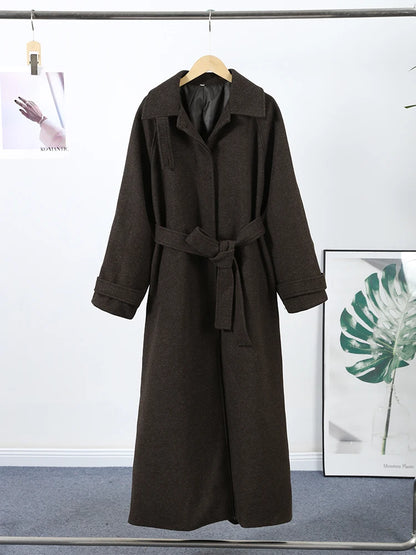 Elegant Woolen Women's Long Coat Long Sleeve Turn-down Single Breasted Female Overcoat 2025 Autumn Winter Chic Casual Lady Coats