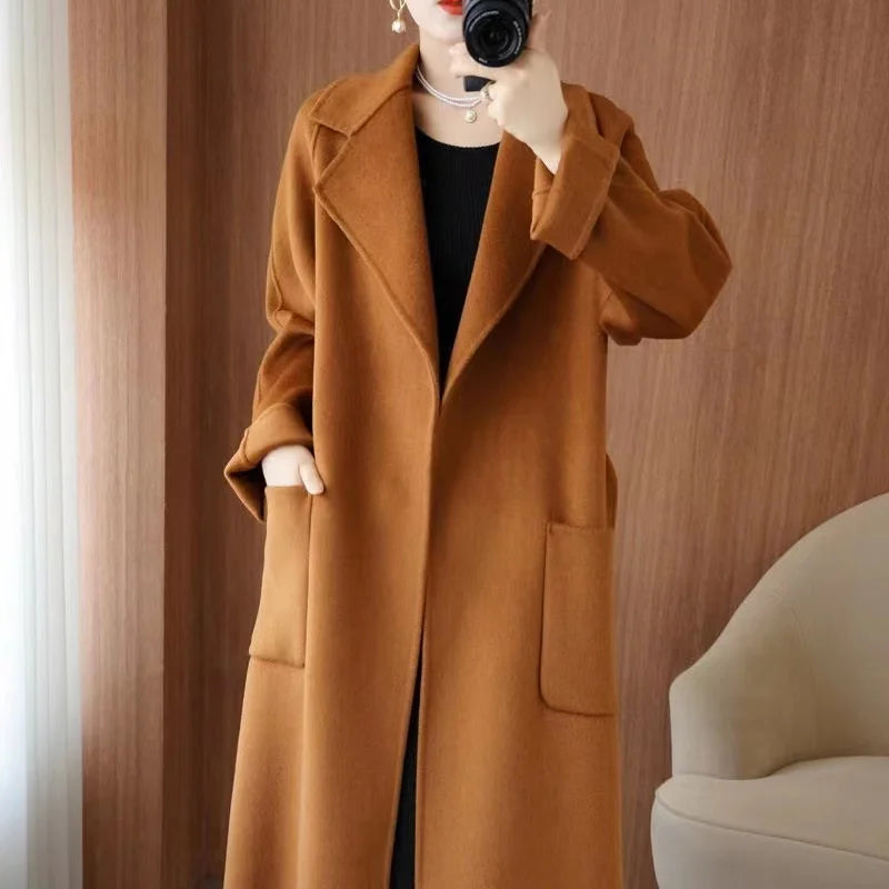 2024 Women's Wear 100% Wool Coat Autumn/Winter Fashion Temperament Double sided Cashmere Coats with Belt Elegant Long Overcoat
