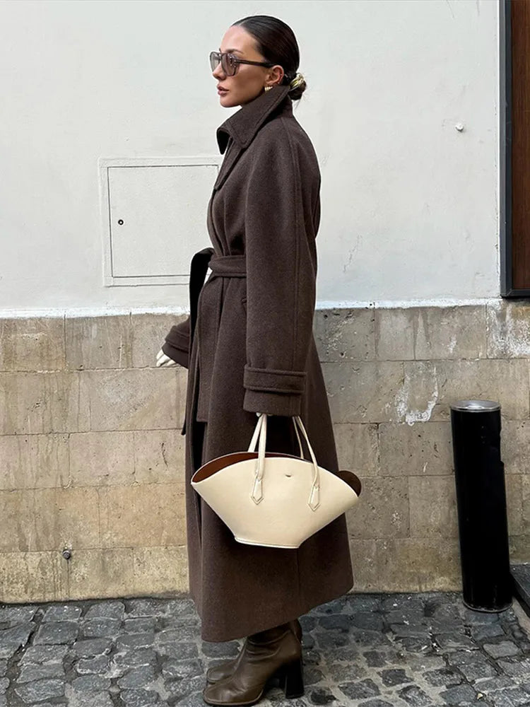 Elegant Woolen Women's Long Coat Long Sleeve Turn-down Single Breasted Female Overcoat 2025 Autumn Winter Chic Casual Lady Coats