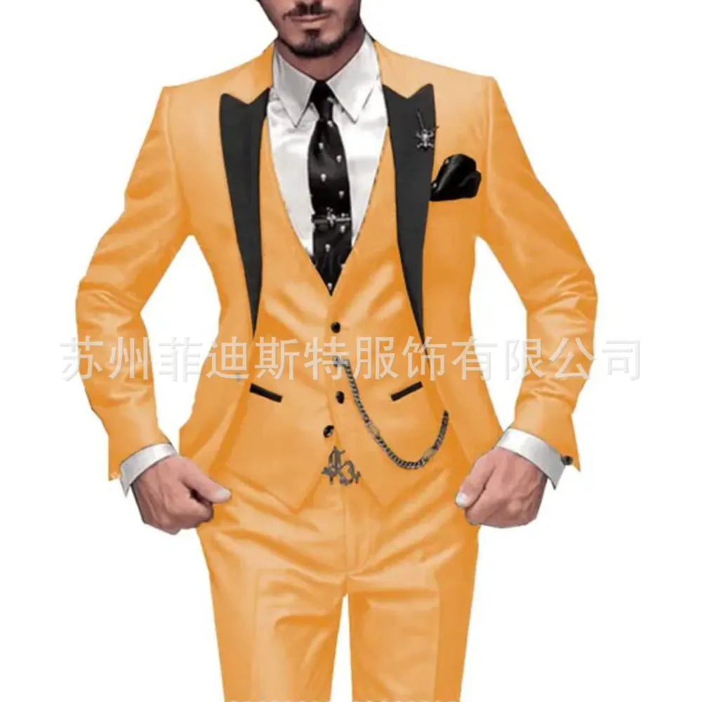 Fashion Men's 3piece Suit Sets Casual Trendy Business Solid Color Turn-down Collar Sngle Button Blazers Trousers Male Clothes