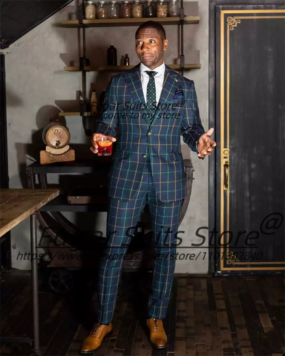 Customized British style Colorful lines Plaid Men Suits 2 Pieces Sets Slim Fit Groom Prom Tuxedos Business Male Formal Blazers