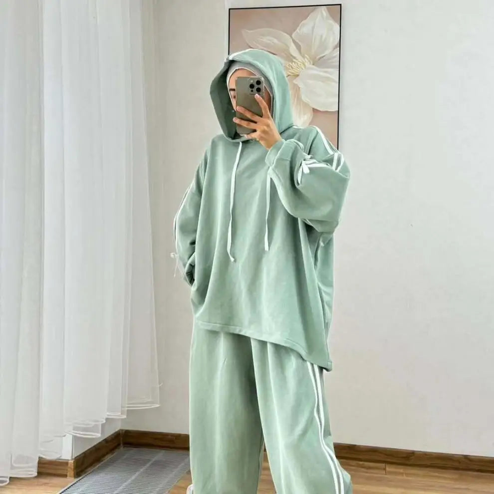 Muslim Suit Women Hoodie Top Wide Leg Pants 2 Piece Set Trousers Hooded sweatshirt Ensemble Sporty Stripe Outfits Tracksuit