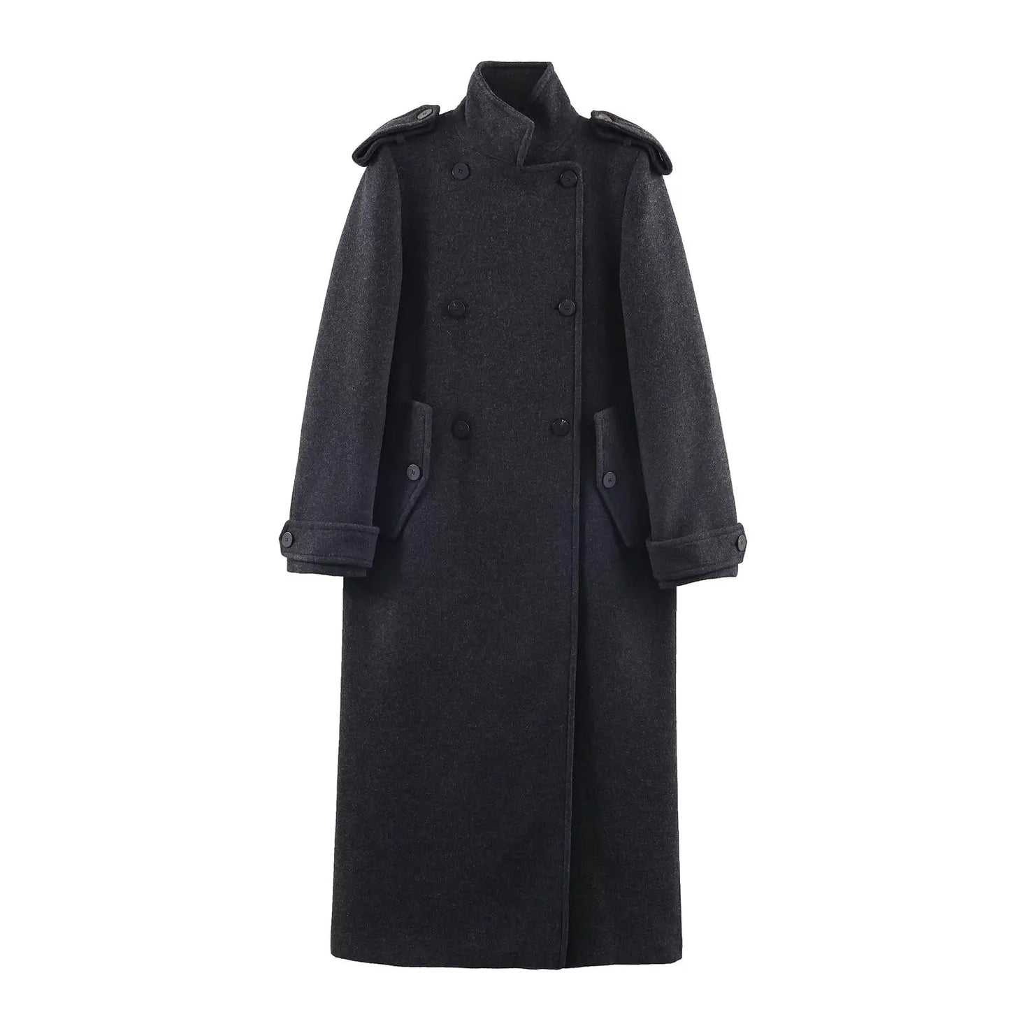 Women’s Stand Collar Long Coats 2025 Winter New Double-Breasted Woolen Coat Vintage Simple Outerwear Fashion Female Overcoat
