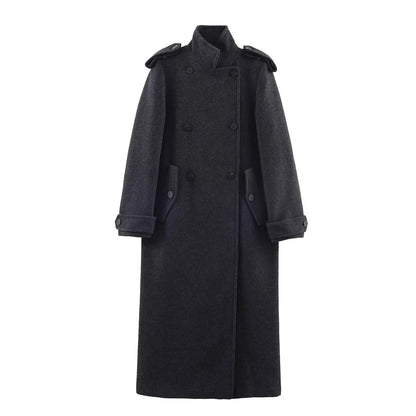 Women’s Stand Collar Long Coats 2025 Winter New Double-Breasted Woolen Coat Vintage Simple Outerwear Fashion Female Overcoat