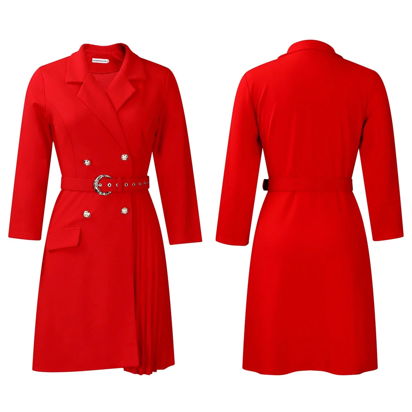 Women’s Elegant Notched Collar Dress, Long Sleeve Pleated Mid-Calf Dress with Waist Sash