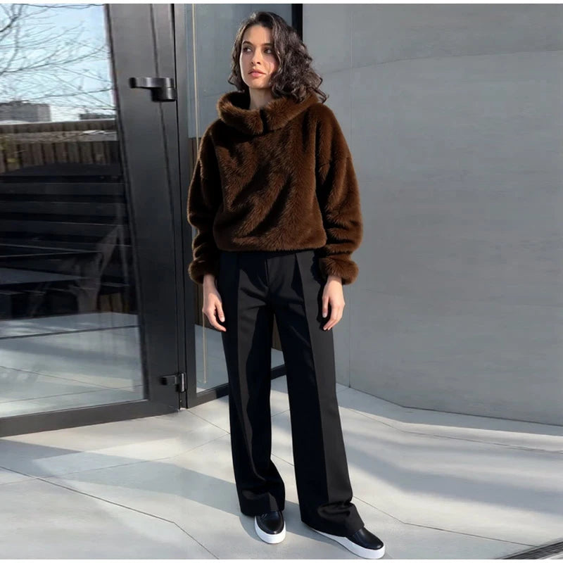 Fashion Furry Hooded Faux Fur Coats Women's Loose Long Sleeve Brown Warm Pullovers 2025 Autumn Winter Lady Casual Outwear