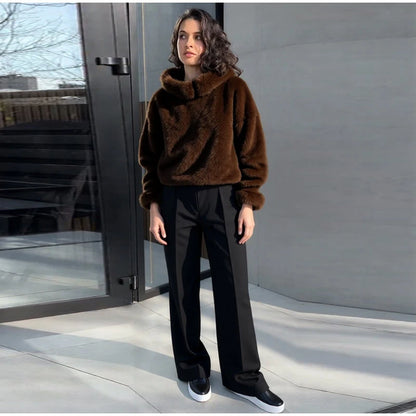 Fashion Furry Hooded Faux Fur Coats Women's Loose Long Sleeve Brown Warm Pullovers 2025 Autumn Winter Lady Casual Outwear