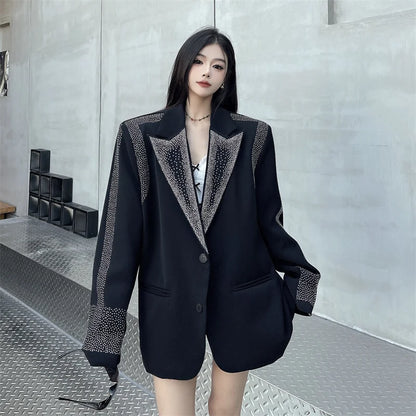 Women's BF Oversize Coats Loose Casual Single-Breasted Retro Beaded Jacket Office Lady Outerwear Autumn Winter