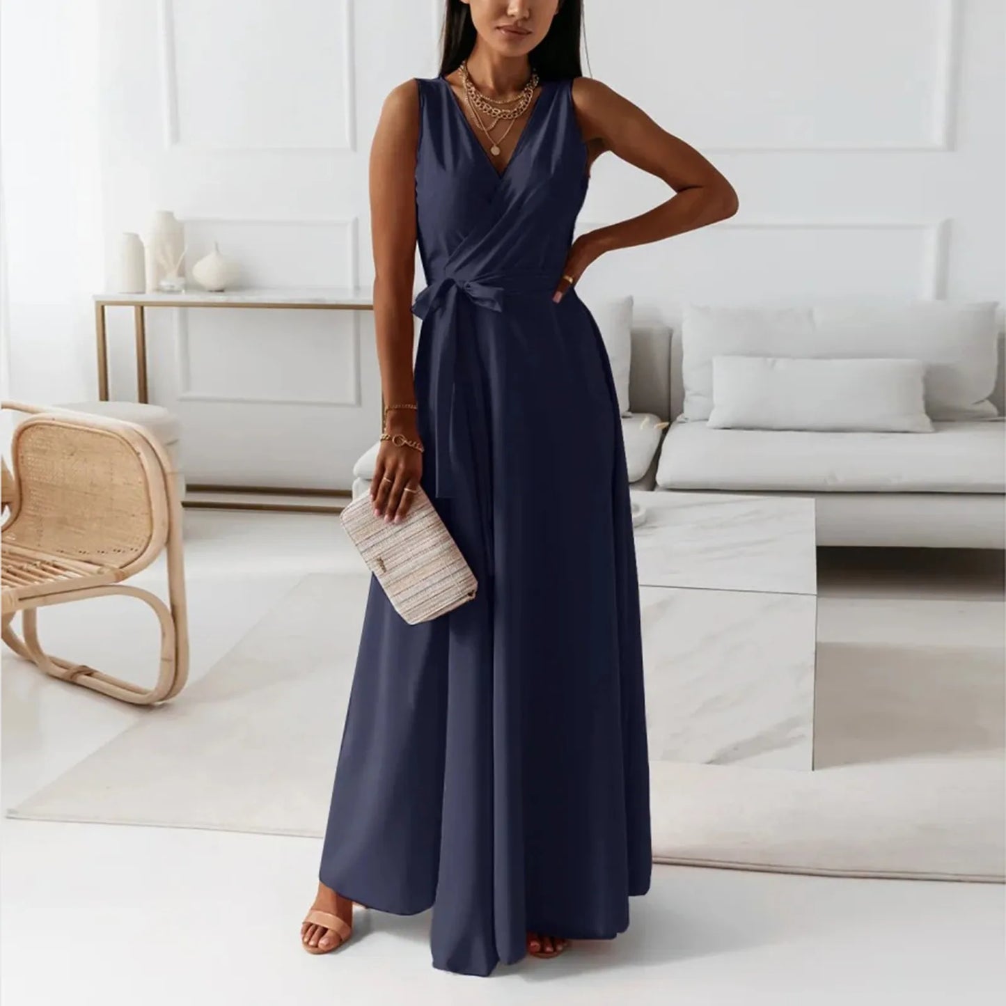 dresses for women elegant party dresses V-neck Sleeveless Belt Evening Dresses  Solid Color Solid Color dress vestidos femenino