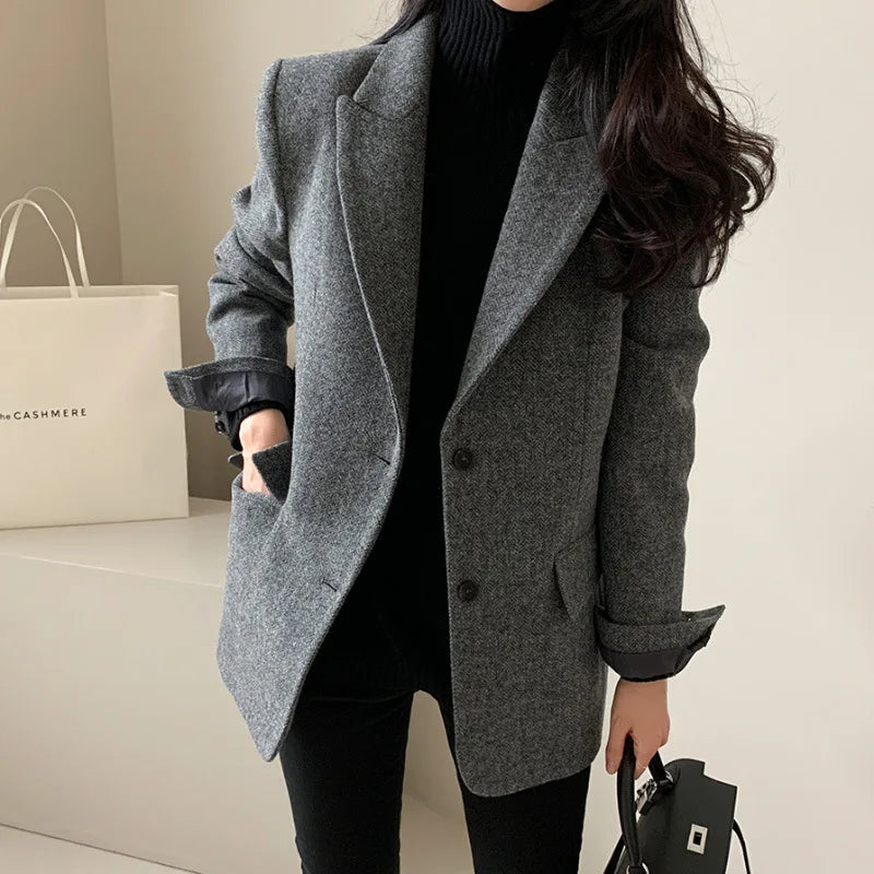 Wool Women Coats Jackets Blends Turn Down Collar Coat Thick Warm Y2k Streetwear Jacket Work Outerwear Slim Fit Autumn Winter