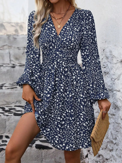 Dresses 2025 Woman Clothing V Neck Lantern Sleeve Wrap Mini Dress Ruched Waist Flowy Hem Elegant for Autumn and Party Styles ﻿
