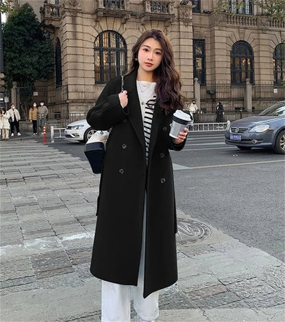 100% Wool Coat Women's Wear 2024 Autumn/Winter Fashion Temperament Double sided Cashmere Coats with Belt Elegant Long Overcoat