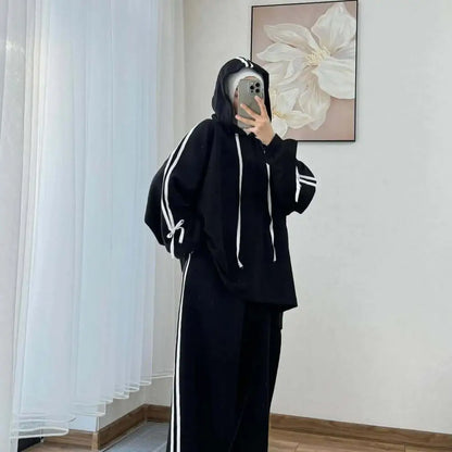 Muslim Suit Women Hoodie Top Wide Leg Pants 2 Piece Set Trousers Hooded sweatshirt Ensemble Sporty Stripe Outfits Tracksuit