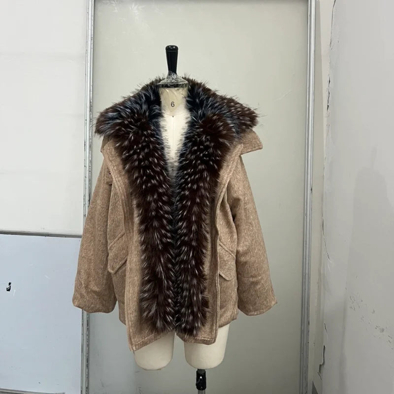 Oversized Winter Women's Coat Wide Faux Fur Collar Hooded Jackets Loose Single Breasted Outwears 2025 New Trendy Warm Lady Coats