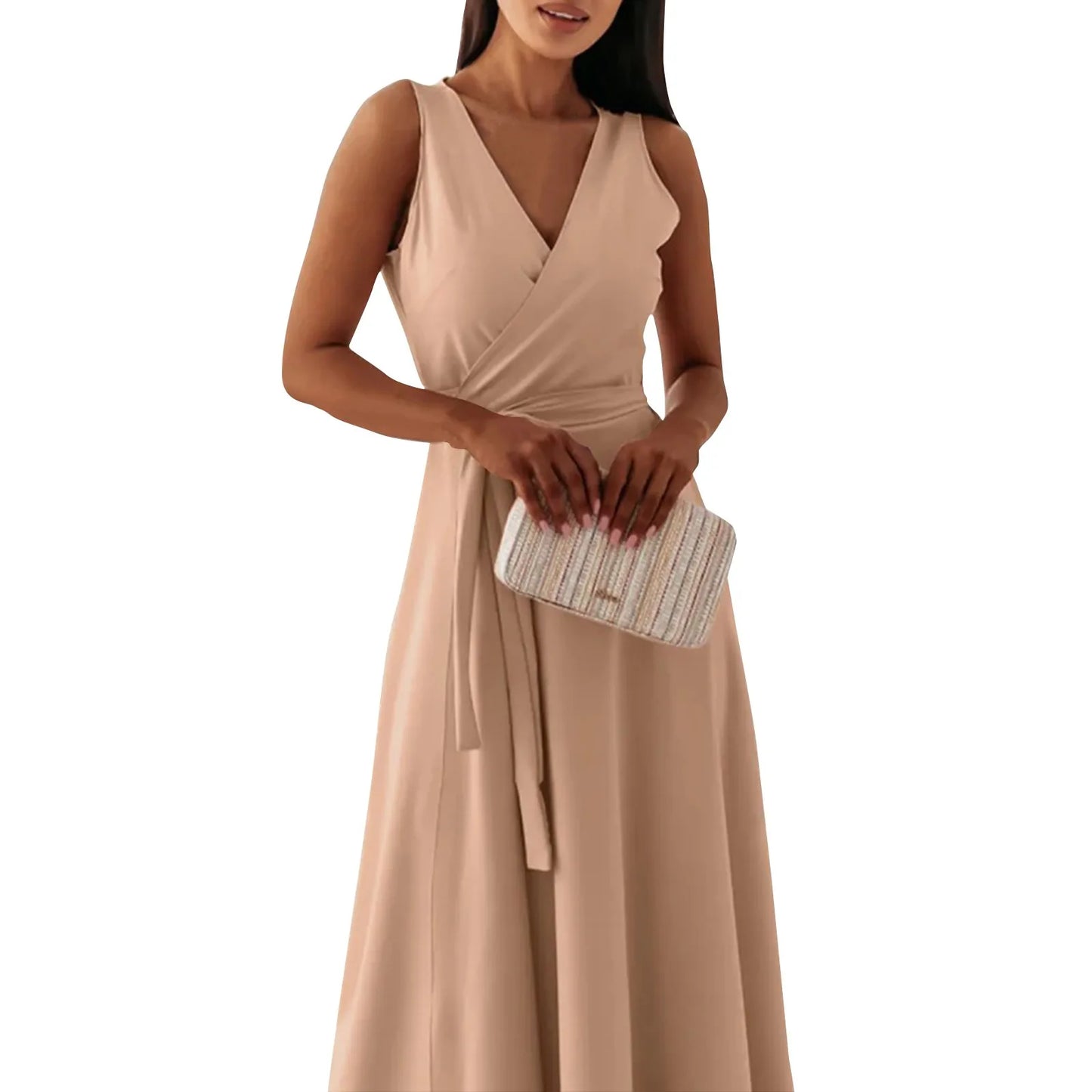 dresses for women elegant party dresses V-neck Sleeveless Belt Evening Dresses  Solid Color Solid Color dress vestidos femenino