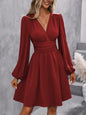 Dresses 2025 Woman Clothing V Neck Lantern Sleeve Wrap Mini Dress Ruched Waist Flowy Hem Elegant for Autumn and Party Styles ﻿