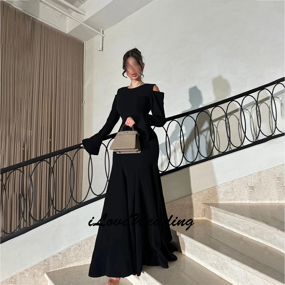 Dubai Charming Occasion Dress Jersey Mermaid/Trumpet Formal Evening Dress Black O-Neck Ruffles Flare Sleeve Ruched Prom Dresses
