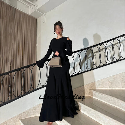 Dubai Charming Occasion Dress Jersey Mermaid/Trumpet Formal Evening Dress Black O-Neck Ruffles Flare Sleeve Ruched Prom Dresses